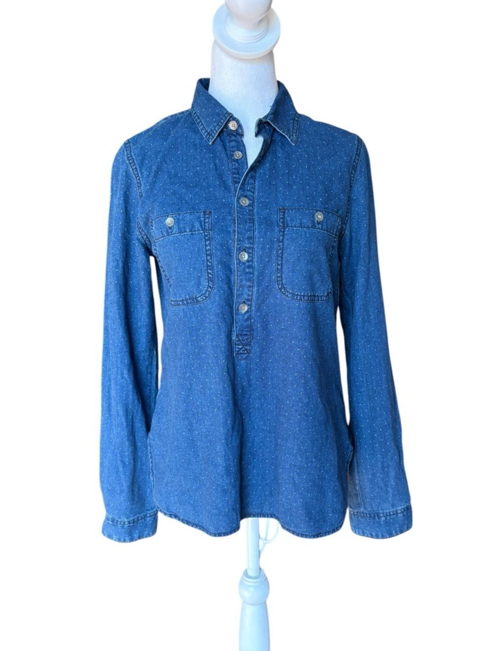 Madewell Long Sleeve Popover Shirt Half Button Cotton Blue Polka Dot Women Small